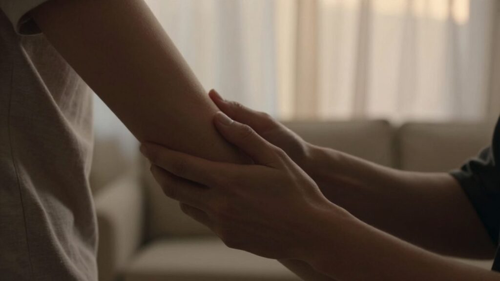 Una mano se apoya con firmeza en el antebrazo de otra persona en una habitación cálida.