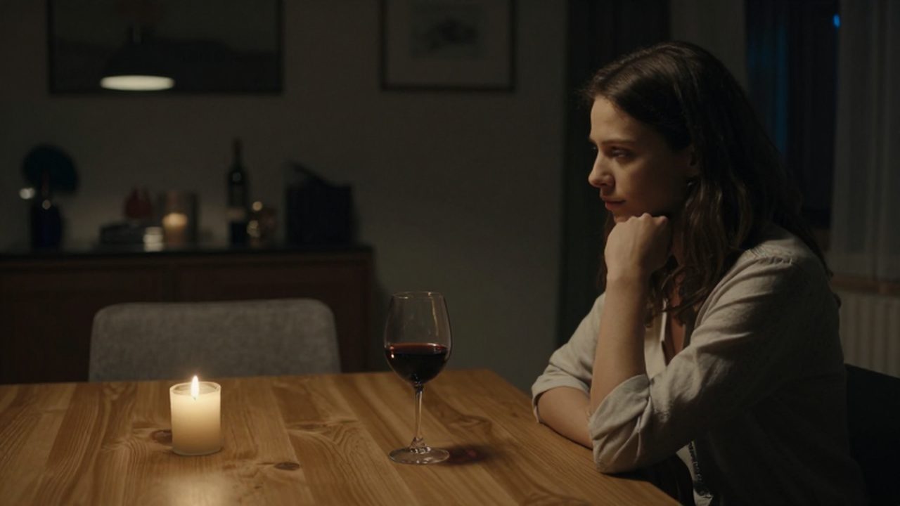 Mujer contemplativa sentada frente a una mesa de madera con una vela y una copa de vino.