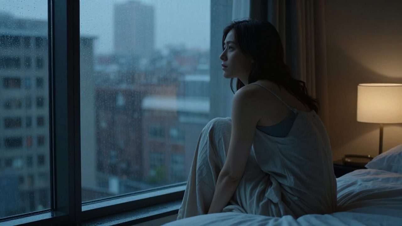 Mujer pensativa sentada en el borde de una cama mirando la lluvia tras el ventanal.