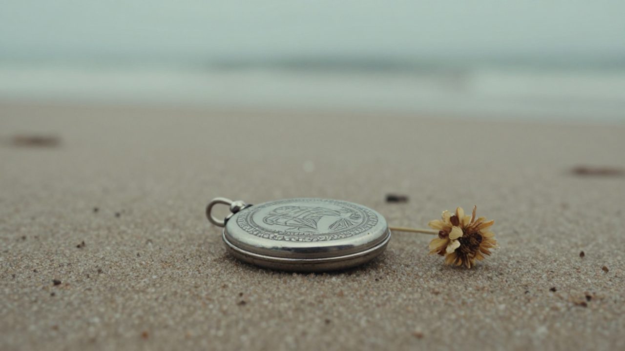 Relicario de plata grabado junto a una flor seca sobre la arena de una playa.
