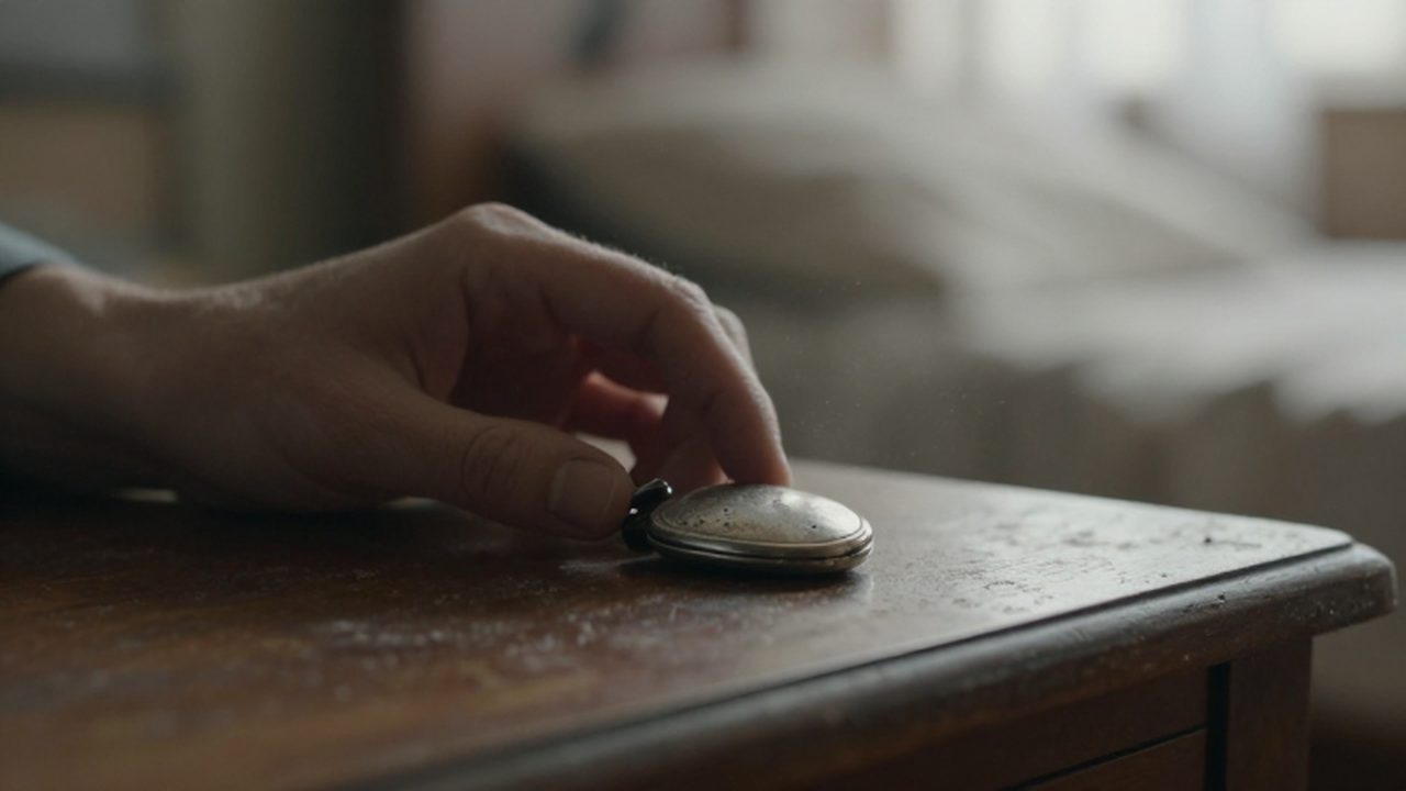 Una mano toca suavemente un relicario de plata antiguo sobre una mesa de madera.