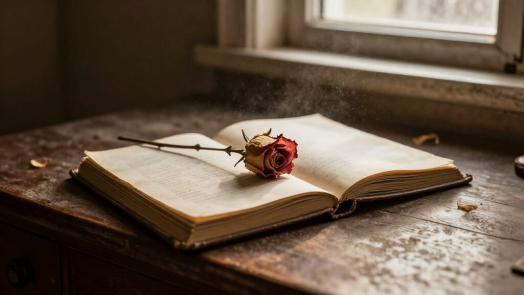 Diario de cuero abierto con una rosa seca sobre un escritorio de madera en un ático soleado.