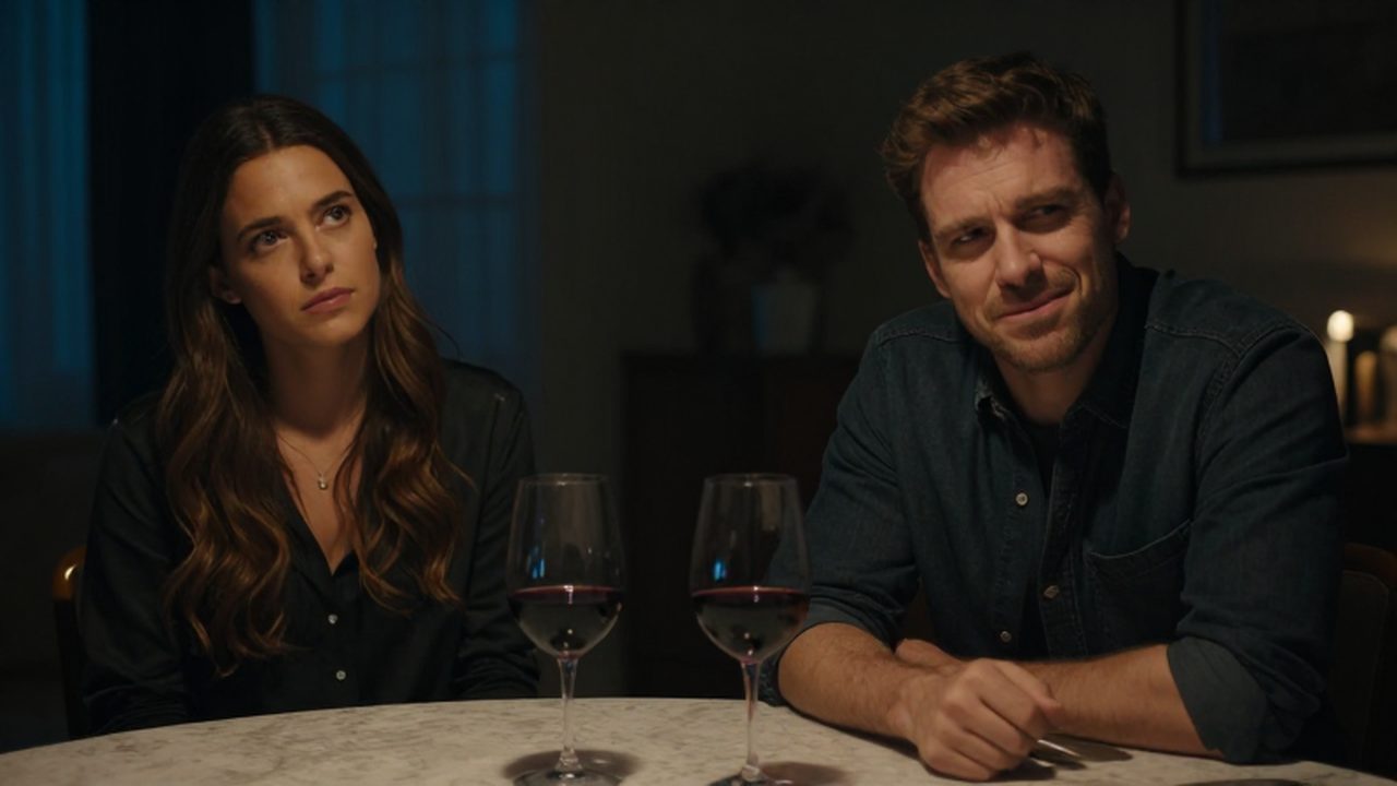 Hombre y mujer sentados a la mesa en una cena tensa y distante.