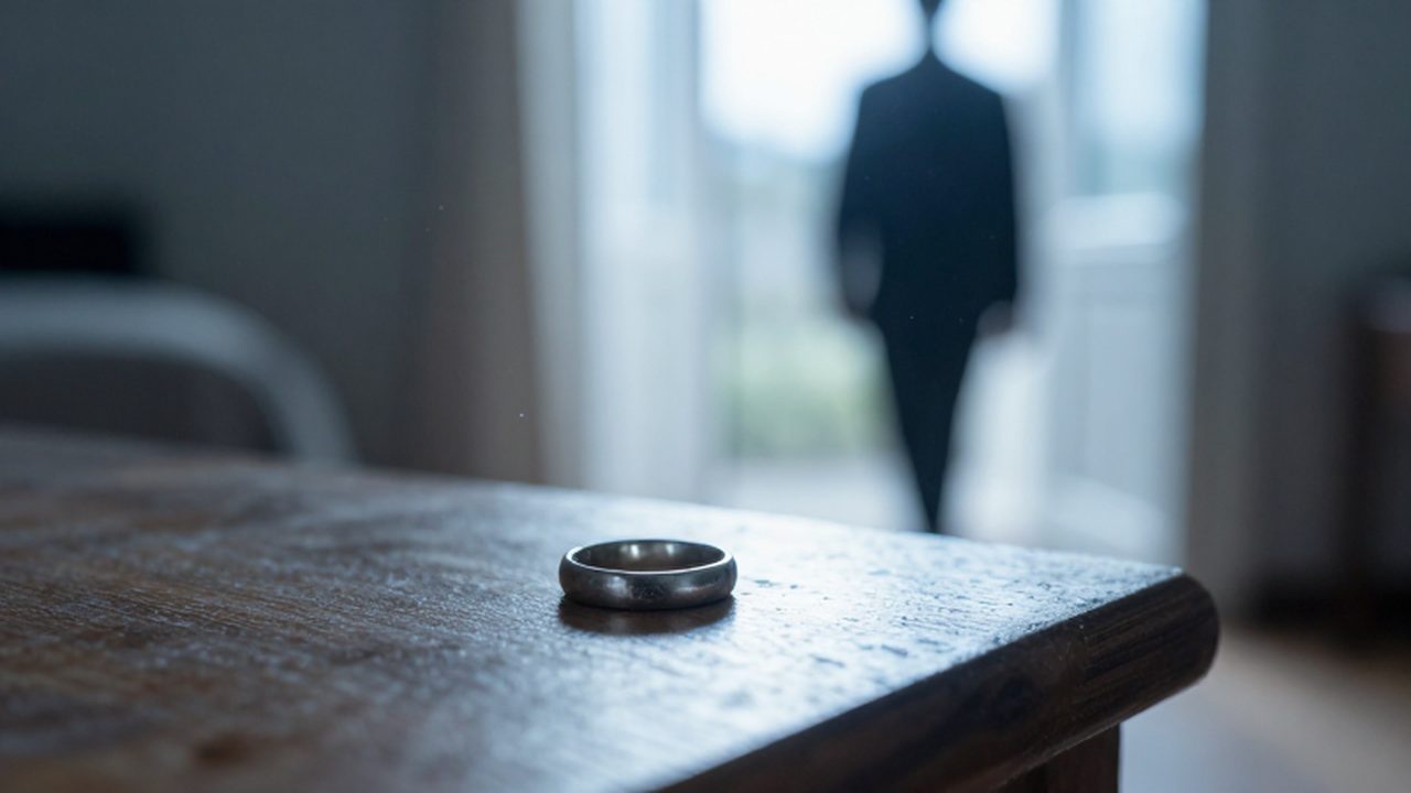 Una alianza de boda desgastada sobre una mesa de madera con una silueta alejándose al fondo.