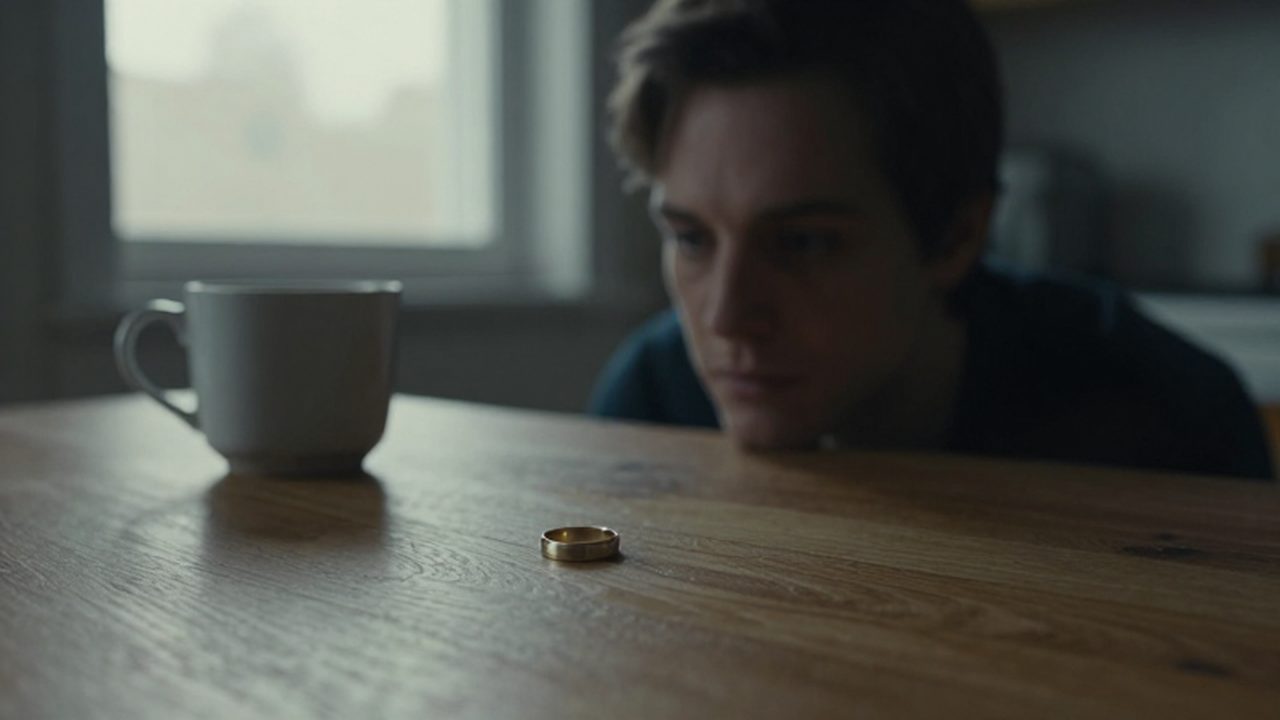 Una alianza de oro sobre una mesa de madera junto a una taza de café a la luz del amanecer.