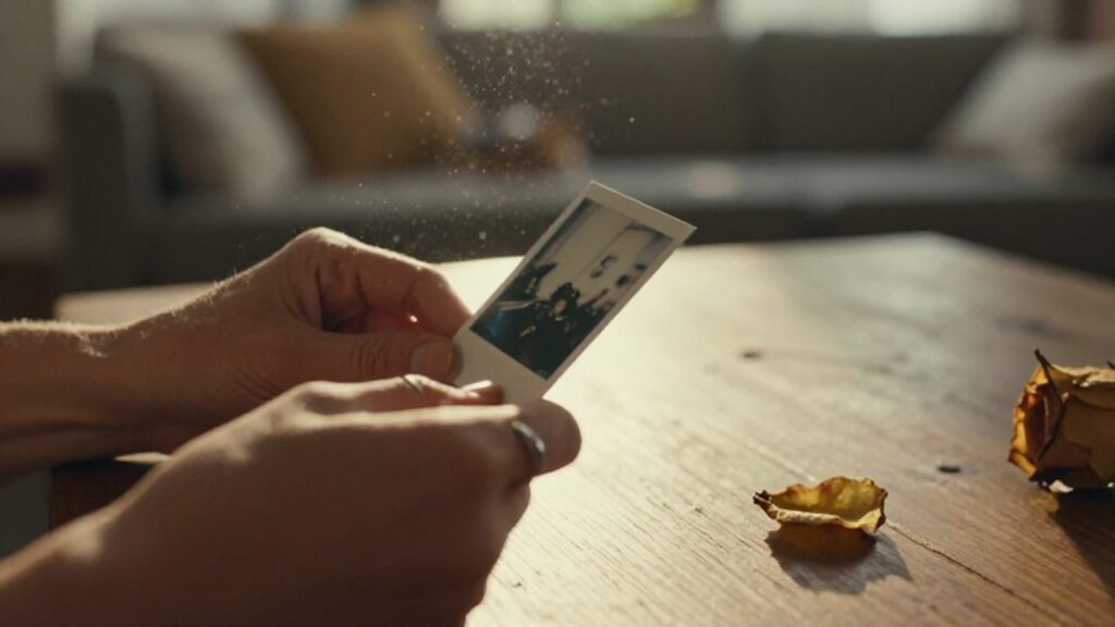 Manos sosteniendo una fotografía Polaroid desgastada y un anillo de plata sobre una mesa de madera.