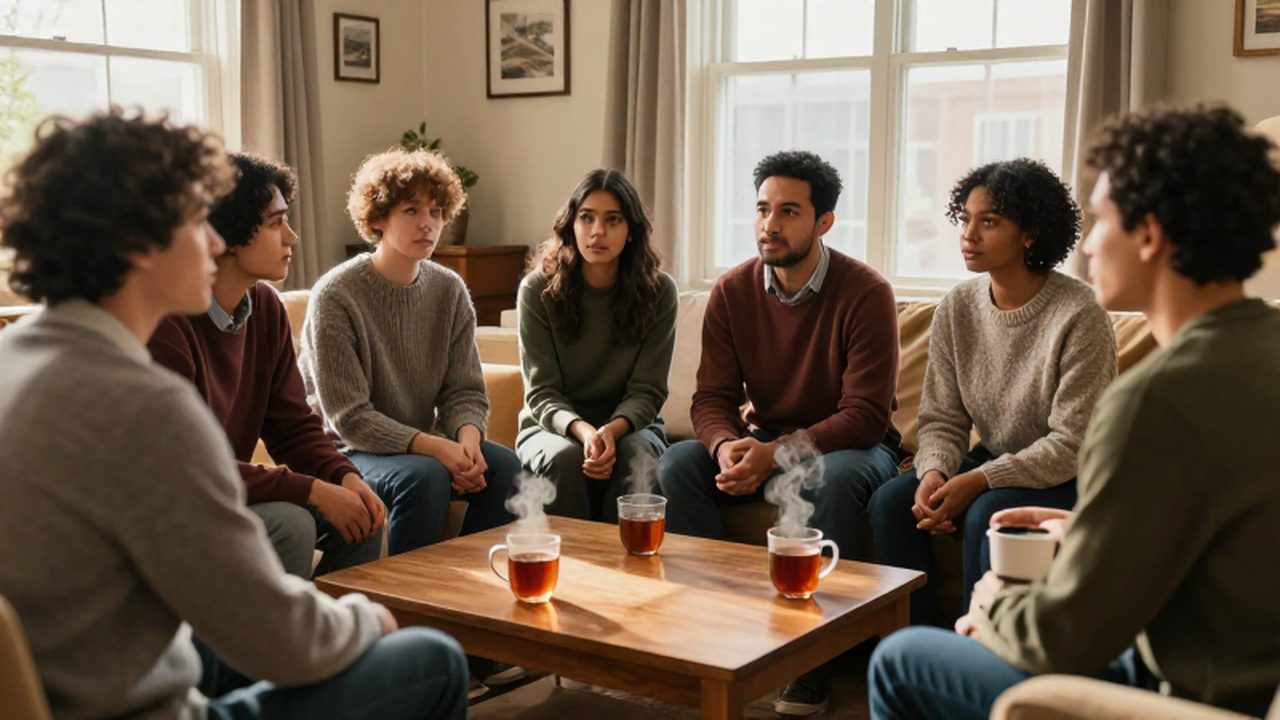 Grupo de padres conversando de forma empática en un círculo dentro de una sala acogedora.