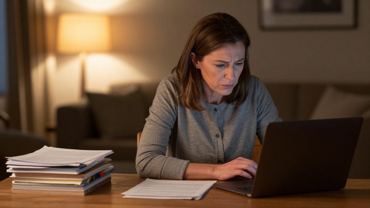 Mujer de mediana edad concentrada frente a una computadora rodeada de documentos legales y libros de maternidad.