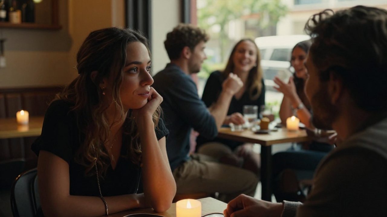 Pareja compartiendo una conversación íntima en un café cálido junto a un grupo de amigos riendo al aire libre.