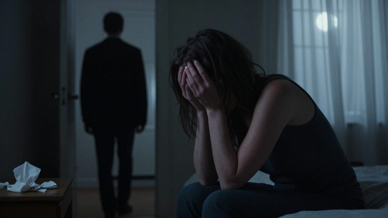 Mujer angustiada sentada en el borde de una cama con la silueta de un hombre al fondo.