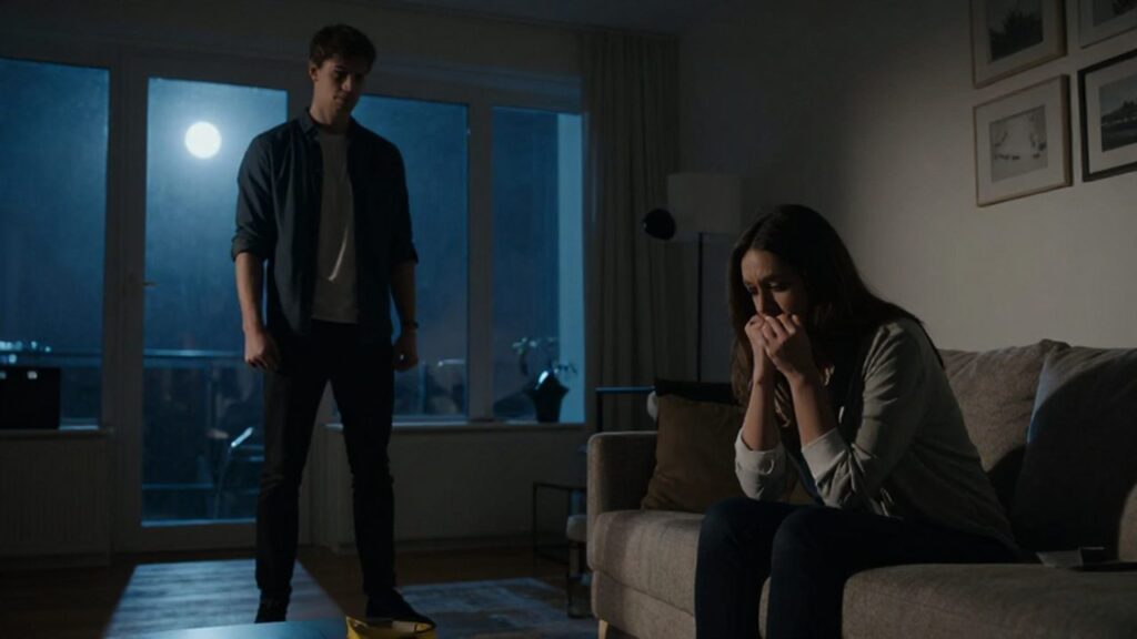 Una pareja joven en conflicto en un apartamento oscuro