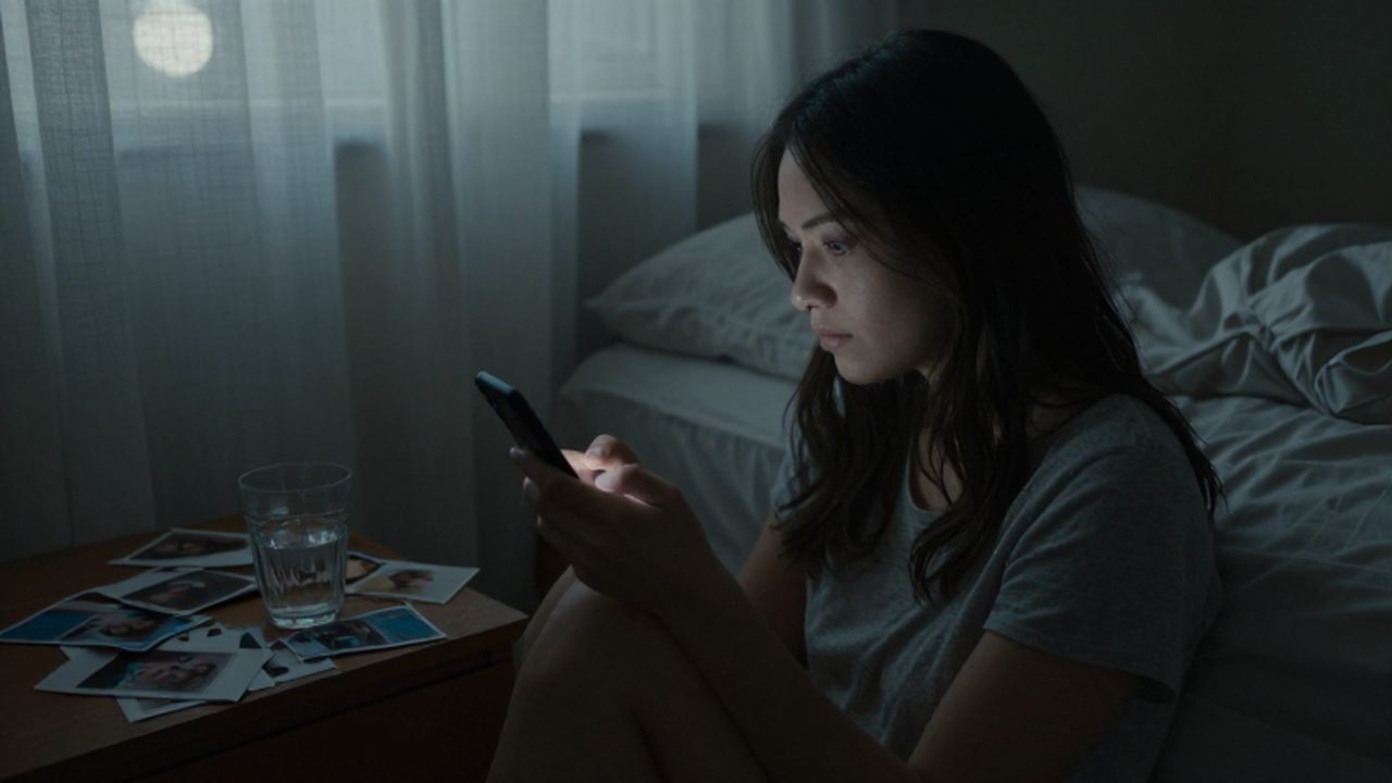 Mujer sentada en el borde de una cama mirando un teléfono en una habitación en penumbra.