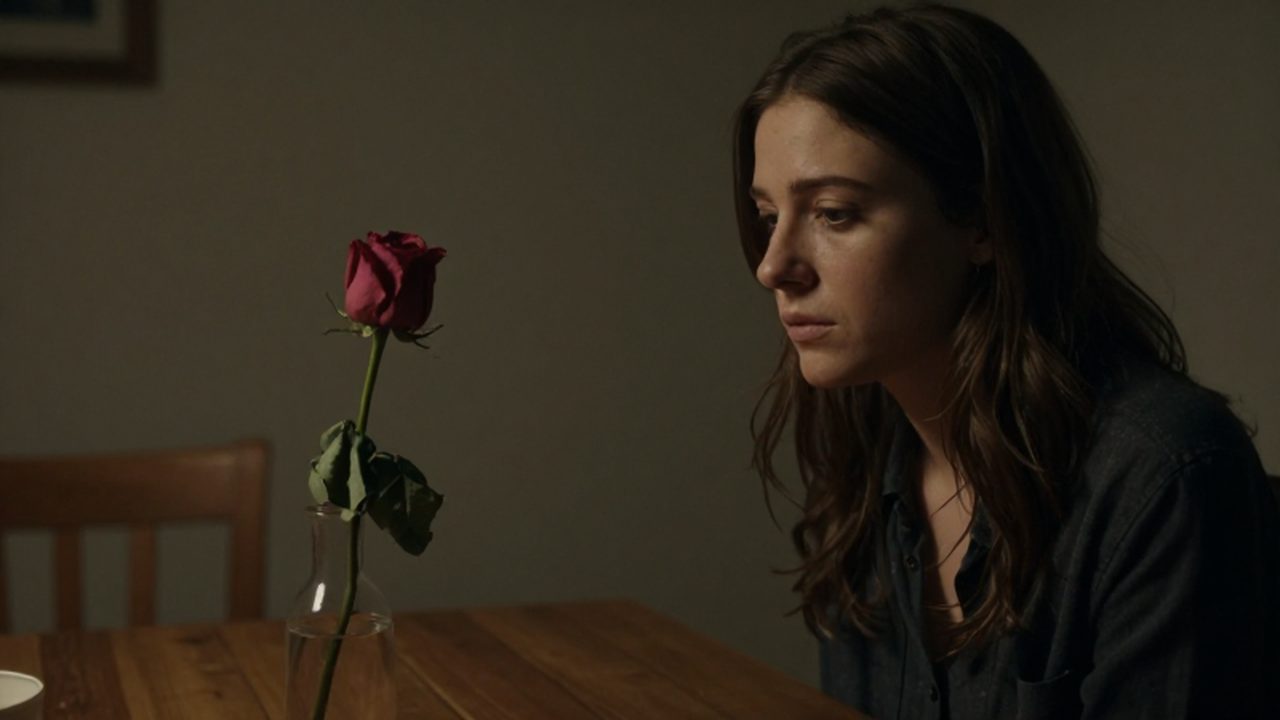 Mujer con expresión melancólica sentada ante una rosa marchita en una mesa de madera.