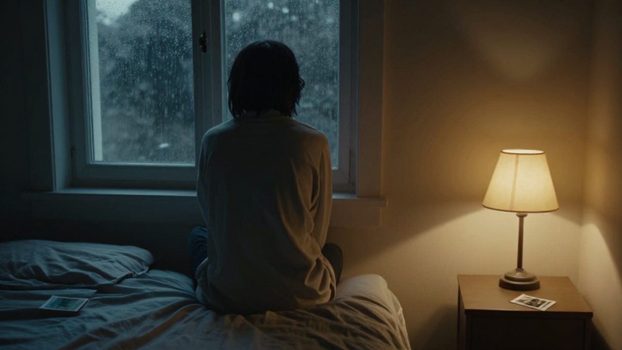 Persona solitaria sentada en una cama mirando por una ventana bajo la lluvia en una habitación tenue.