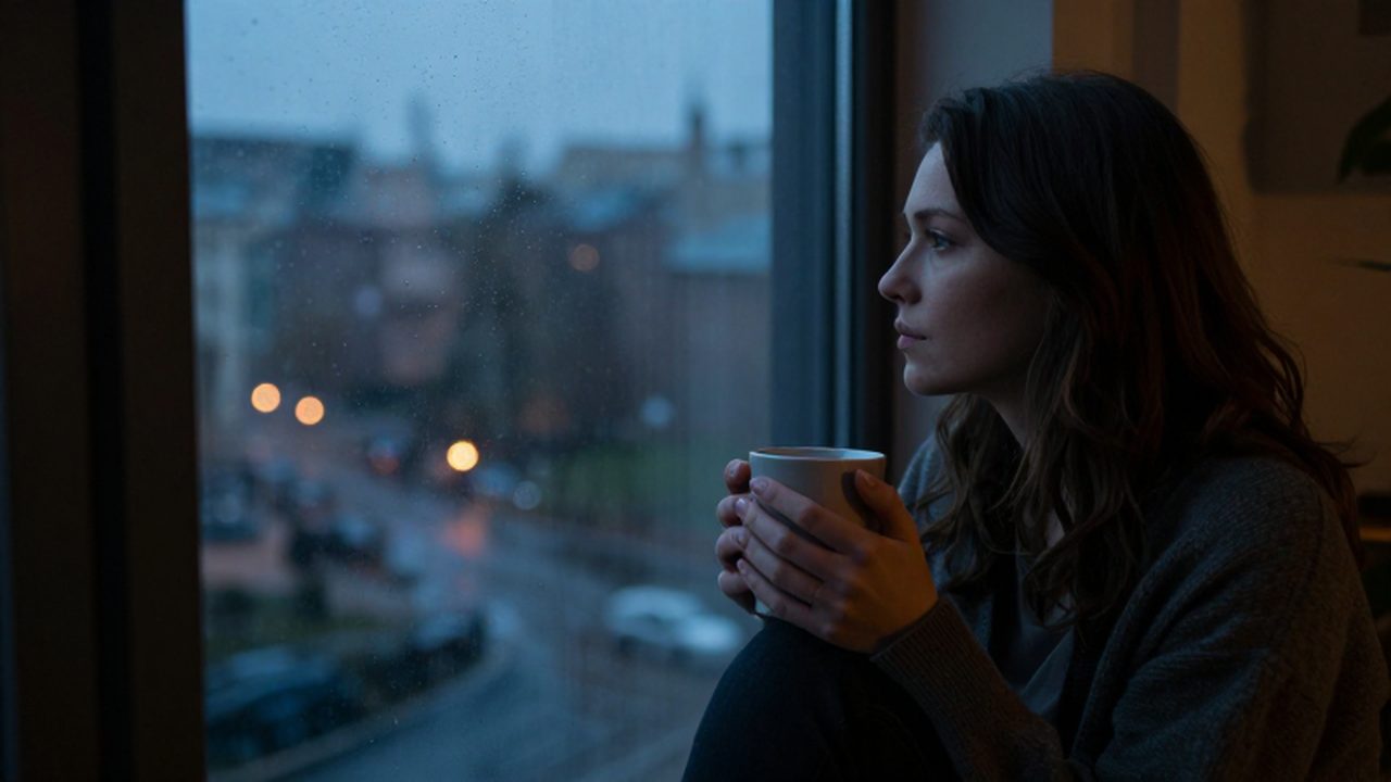 Mujer contemplando la ciudad lluviosa desde una ventana mientras sostiene una taza caliente.