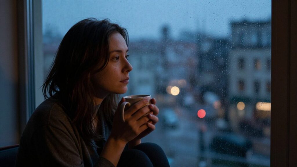 Mujer pensativa junto a una ventana lluviosa observando las luces de la ciudad al anochecer.