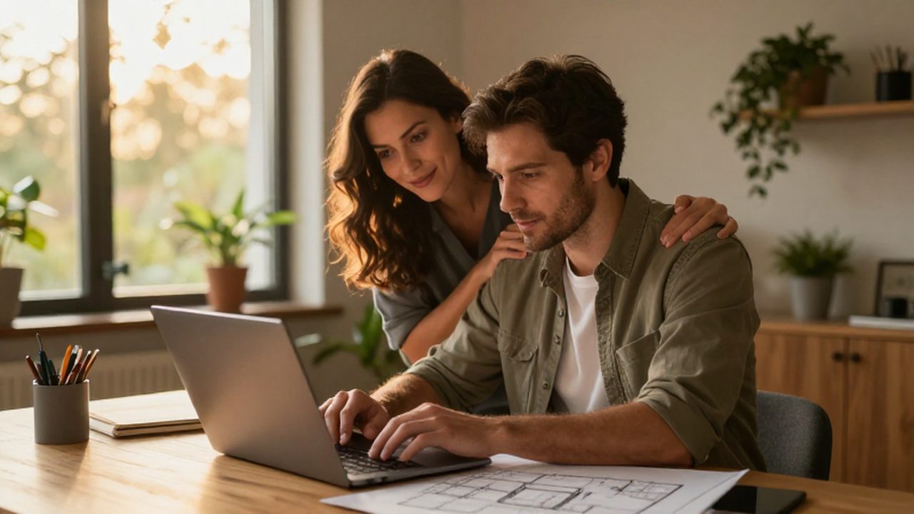 Un hombre trabaja con planos arquitectónicos mientras su pareja lo apoya con un gesto afectuoso.