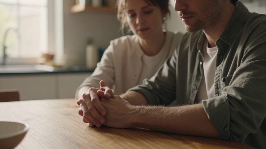 Una pareja se toma de las manos con afecto sobre una mesa de madera en una cocina iluminada.