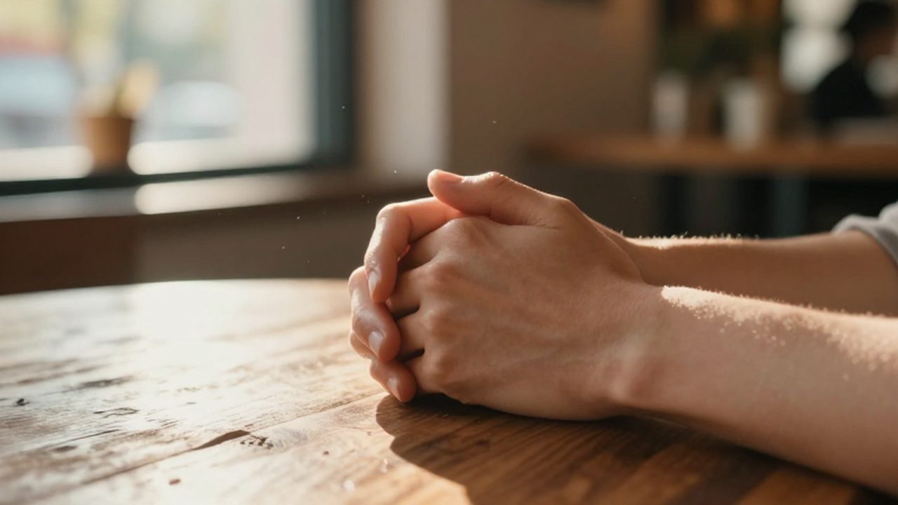 Manos entrelazadas de una pareja sobre una mesa de madera con luz cálida de mañana.