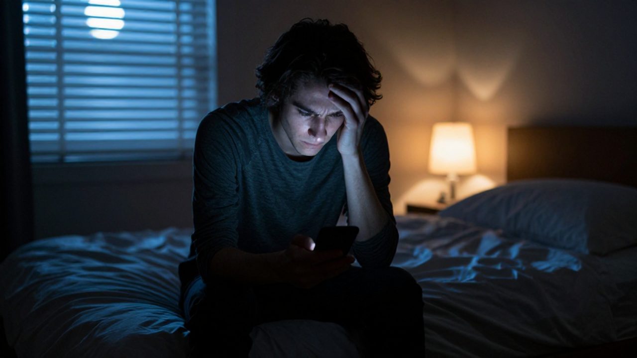 Persona sentada en la cama mirando con melancolía la luz de un móvil en la penumbra.
