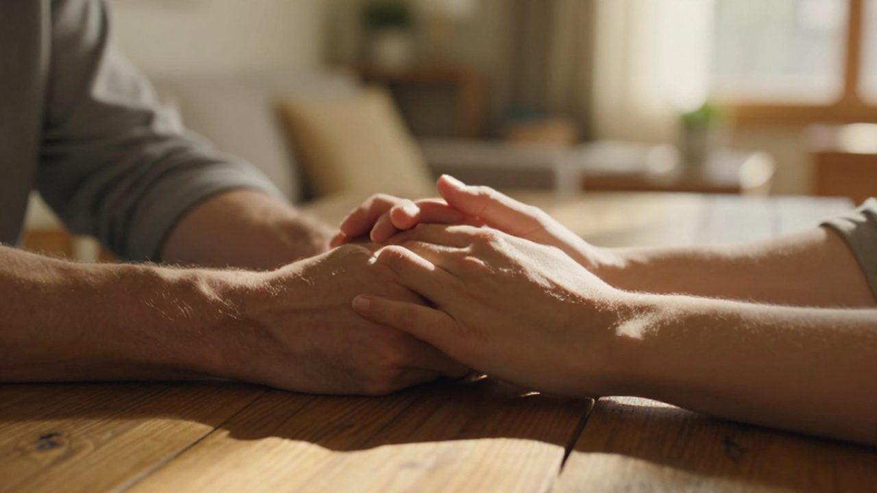Manos entrelazadas de un hombre y una mujer sobre una mesa de madera bajo la luz del sol.