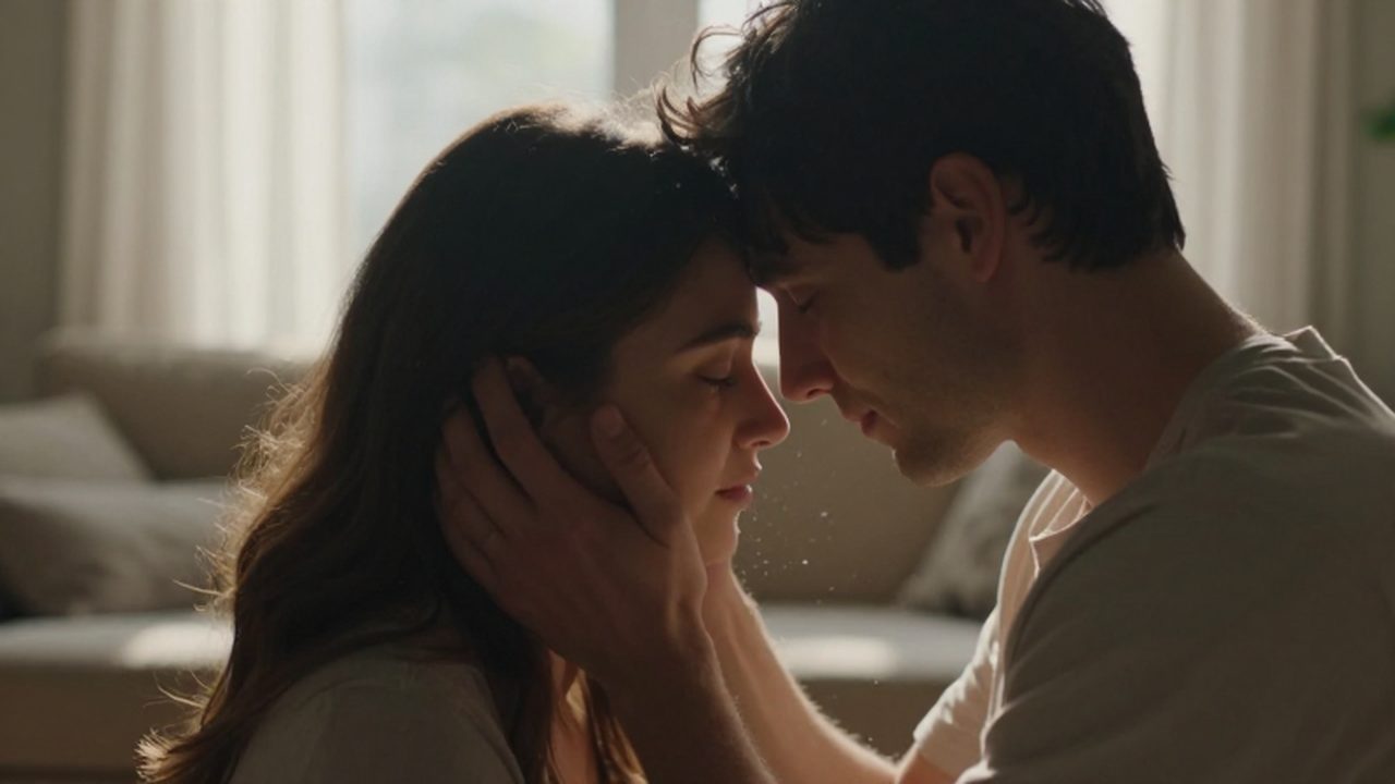 Pareja con los ojos cerrados y frentes juntas en un abrazo íntimo bajo la luz del sol.