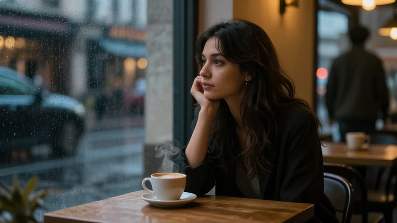 Mujer melancólica sentada en un café mirando a través de una ventana con lluvia.