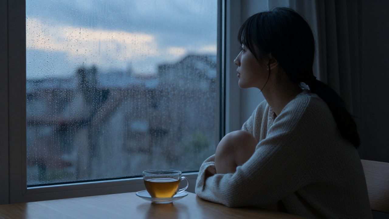 Mujer sentada junto a una ventana con lluvia mientras observa una taza de té.