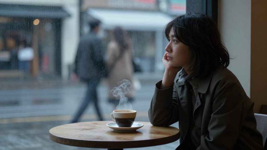 Persona solitaria sentada en una cafetería mirando con melancolía a una pareja bajo la lluvia.