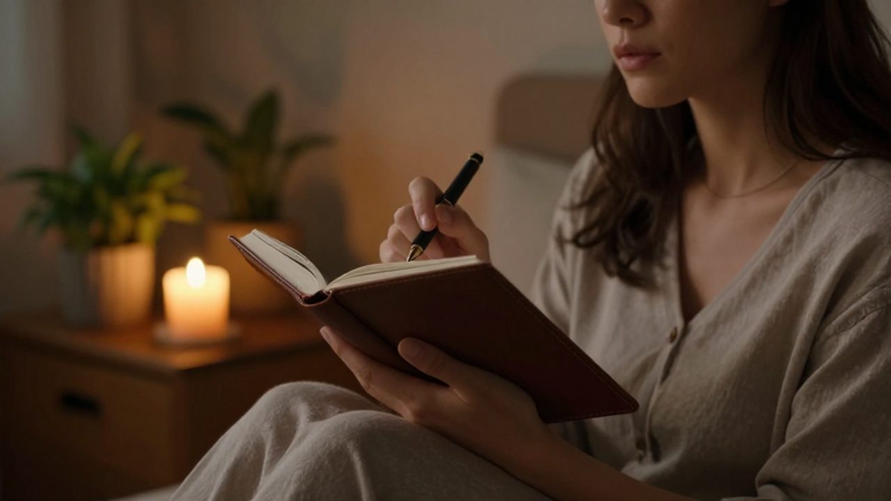 Mujer pensativa escribiendo en un diario de cuero junto a la luz de una vela.