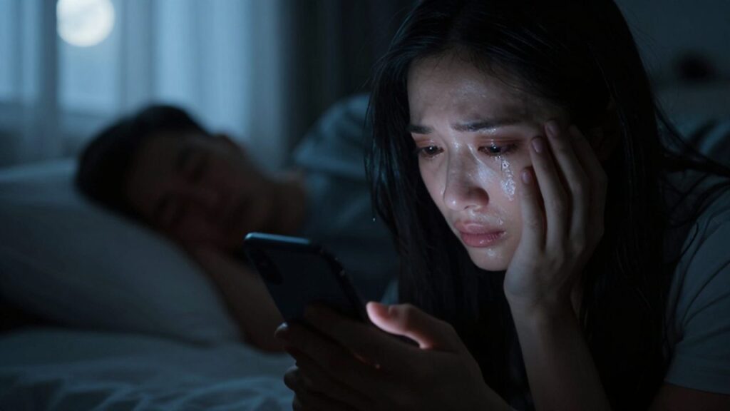 Manos temblorosas de una mujer sosteniendo un móvil con lágrimas en los ojos mientras un hombre duerme al fondo.
