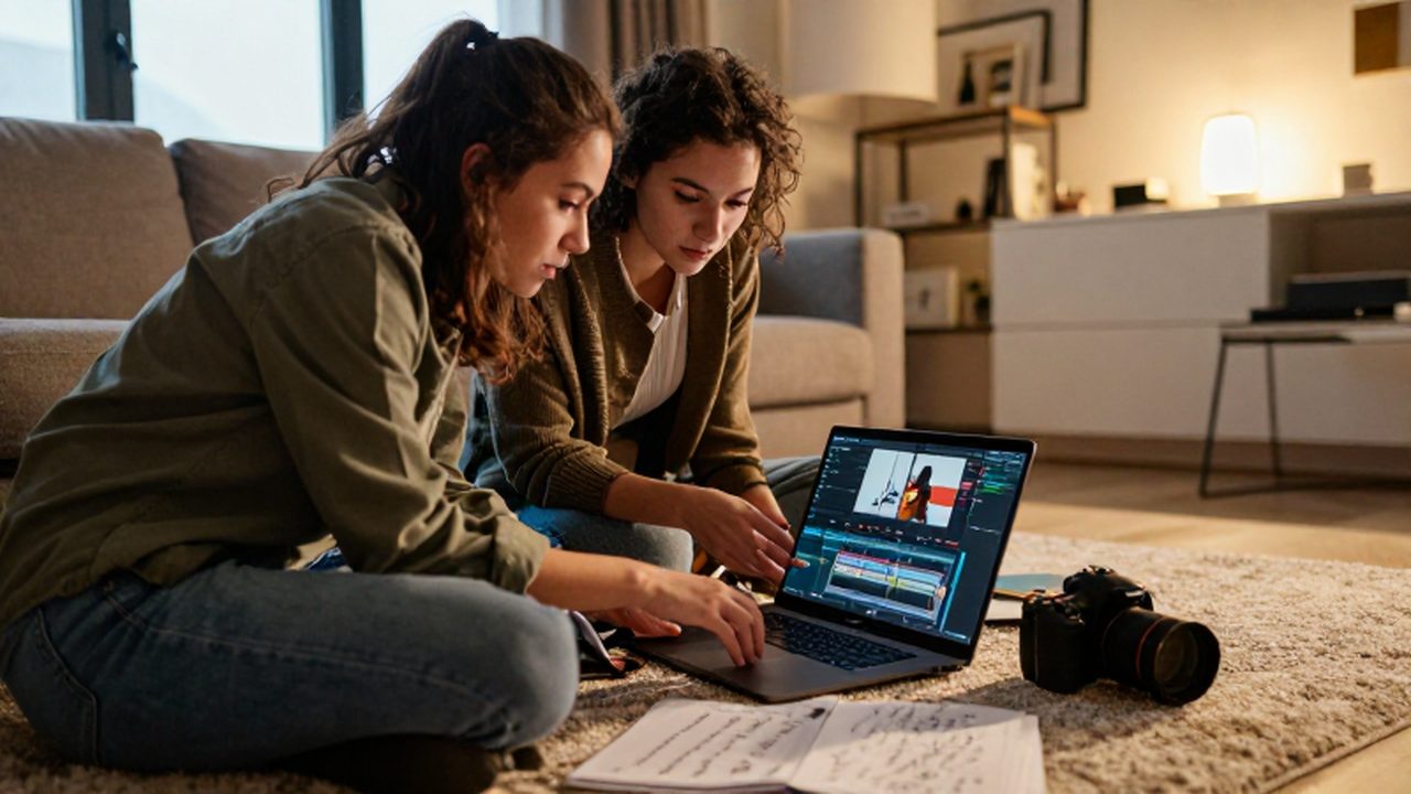 Pareja joven trabajando concentrada en un proyecto audiovisual con un portátil y una cámara.