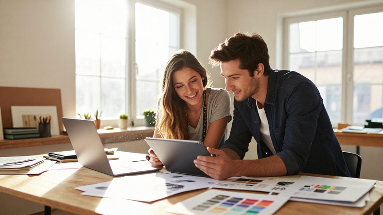 Pareja joven trabajando con entusiasmo en un estudio luminoso lleno de bocetos y materiales creativos.