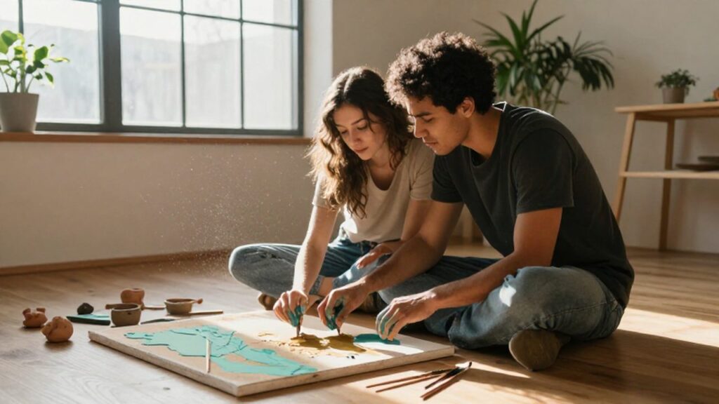 Pareja diversa pintando juntos un lienzo sobre el suelo de un estudio luminoso.