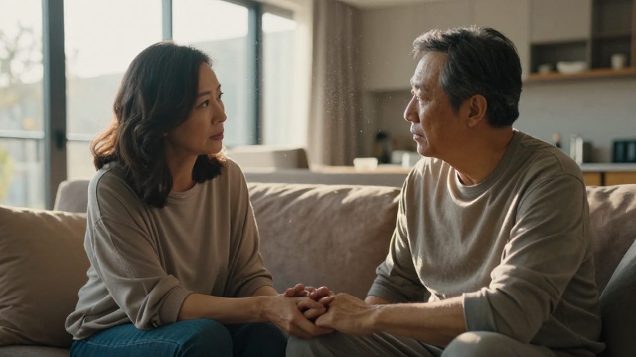 Pareja de mediana edad conversando con afecto mientras están sentados en un sofá iluminado por el sol.