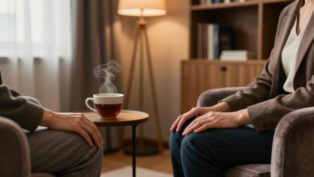 Dos personas conversan sentadas en sillones de terciopelo dentro de un cálido consultorio terapéutico.