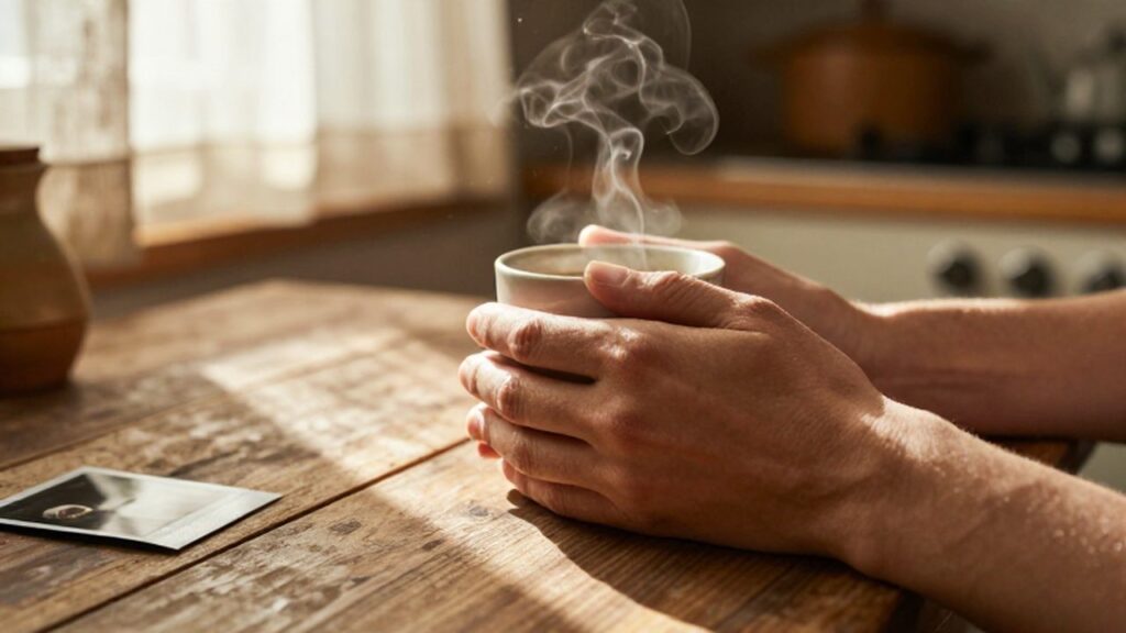 Manos entrelazadas sobre una mesa de madera junto a una taza de café humeante.
