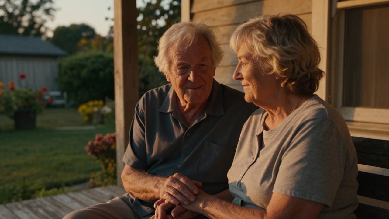 Pareja de ancianos sentada en un porche de madera tomados de la mano al atardecer.