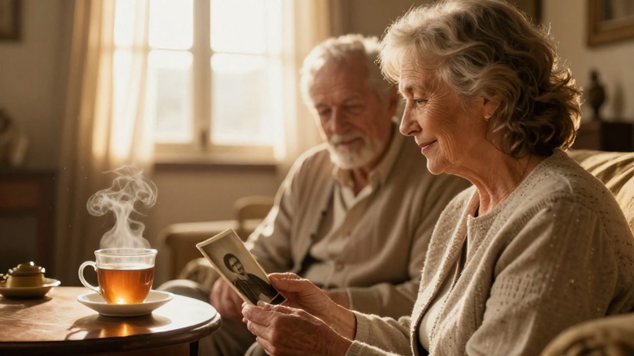 Mujer de mediana edad sonriendo con nostalgia mientras observa una fotografía antigua en una sala iluminada por el sol.