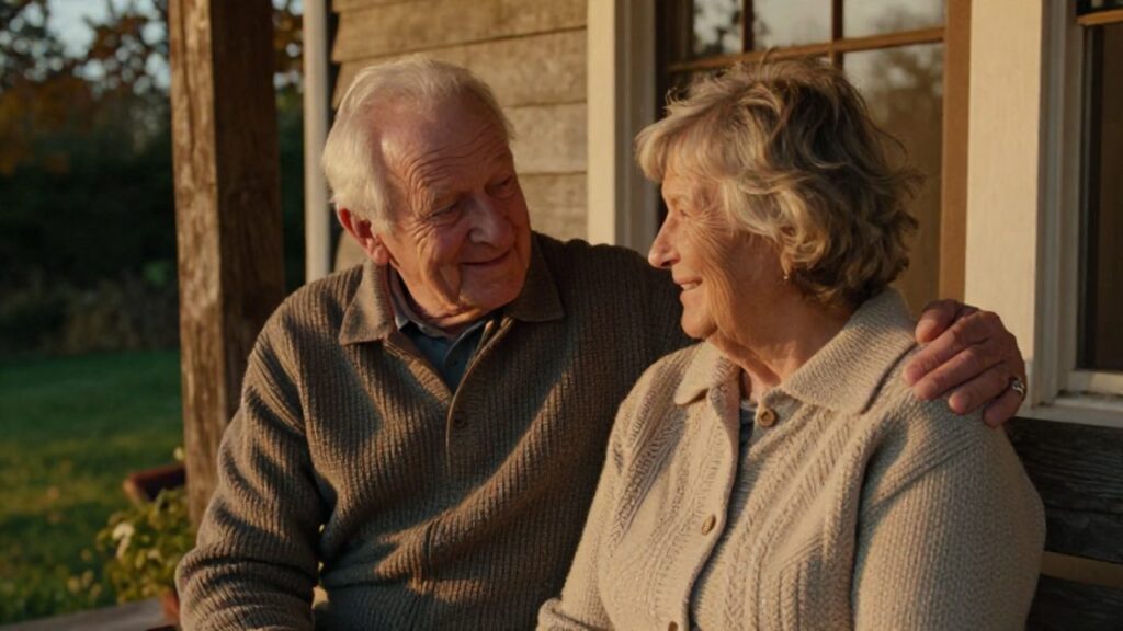Pareja de ancianos sentada en un porche de madera durante el atardecer con una expresión afectuosa.