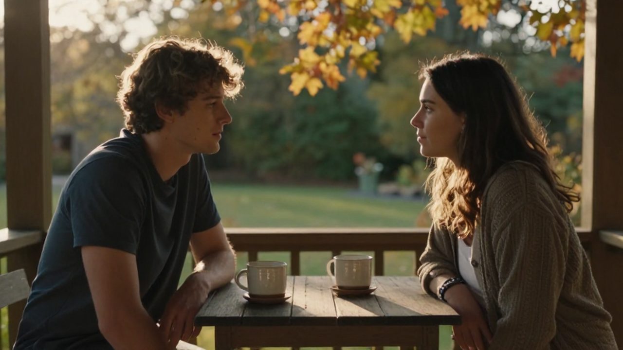 Pareja joven conversando con confianza en un porche iluminado por el sol otoñal.