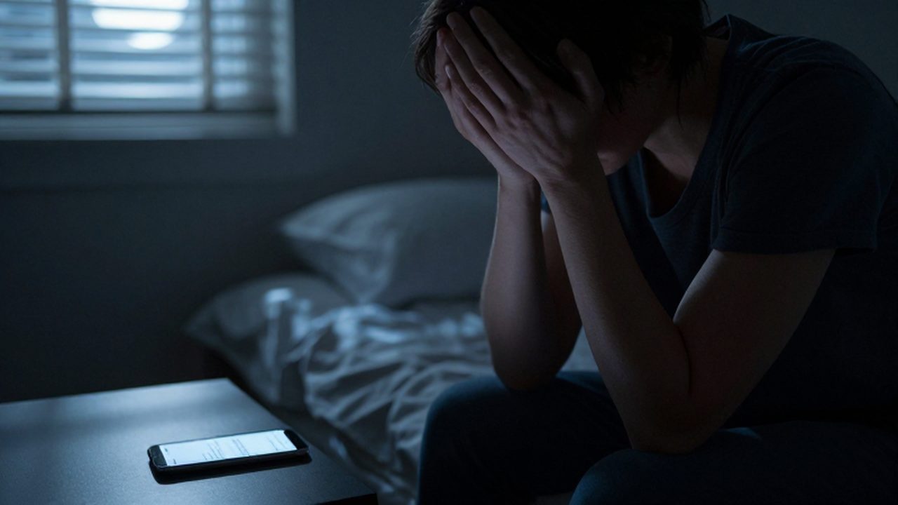 Persona sentada en el borde de una cama en penumbra con la cabeza entre las manos.