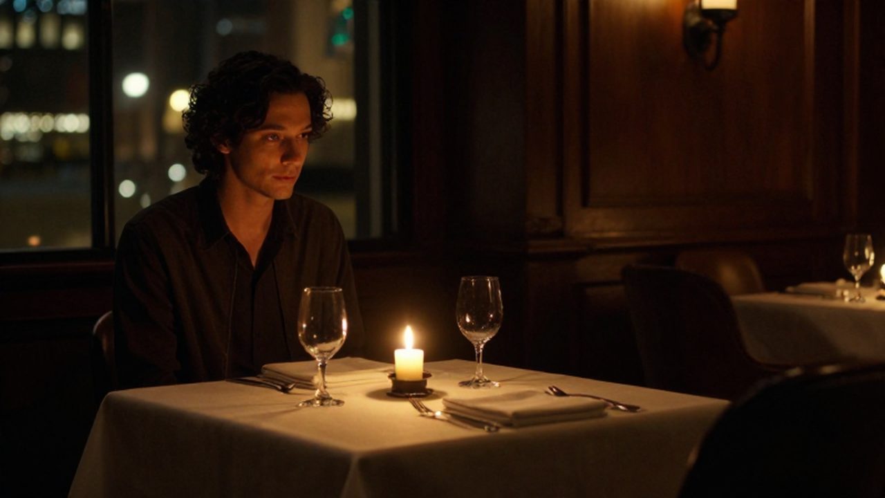 Persona solitaria sentada a una mesa con velas en un restaurante elegante mirando una silla vacía.