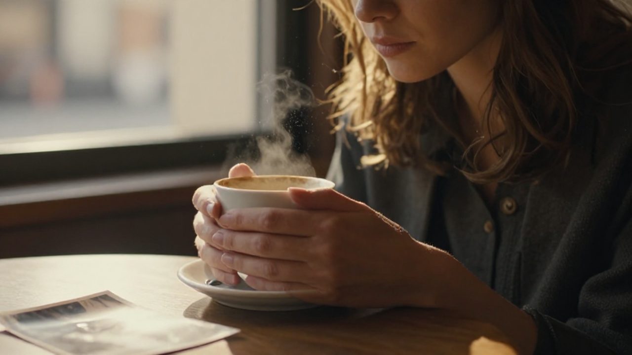 Mujer pensativa sentada frente a una mesa de madera con una taza de café bajo la luz del atardecer.