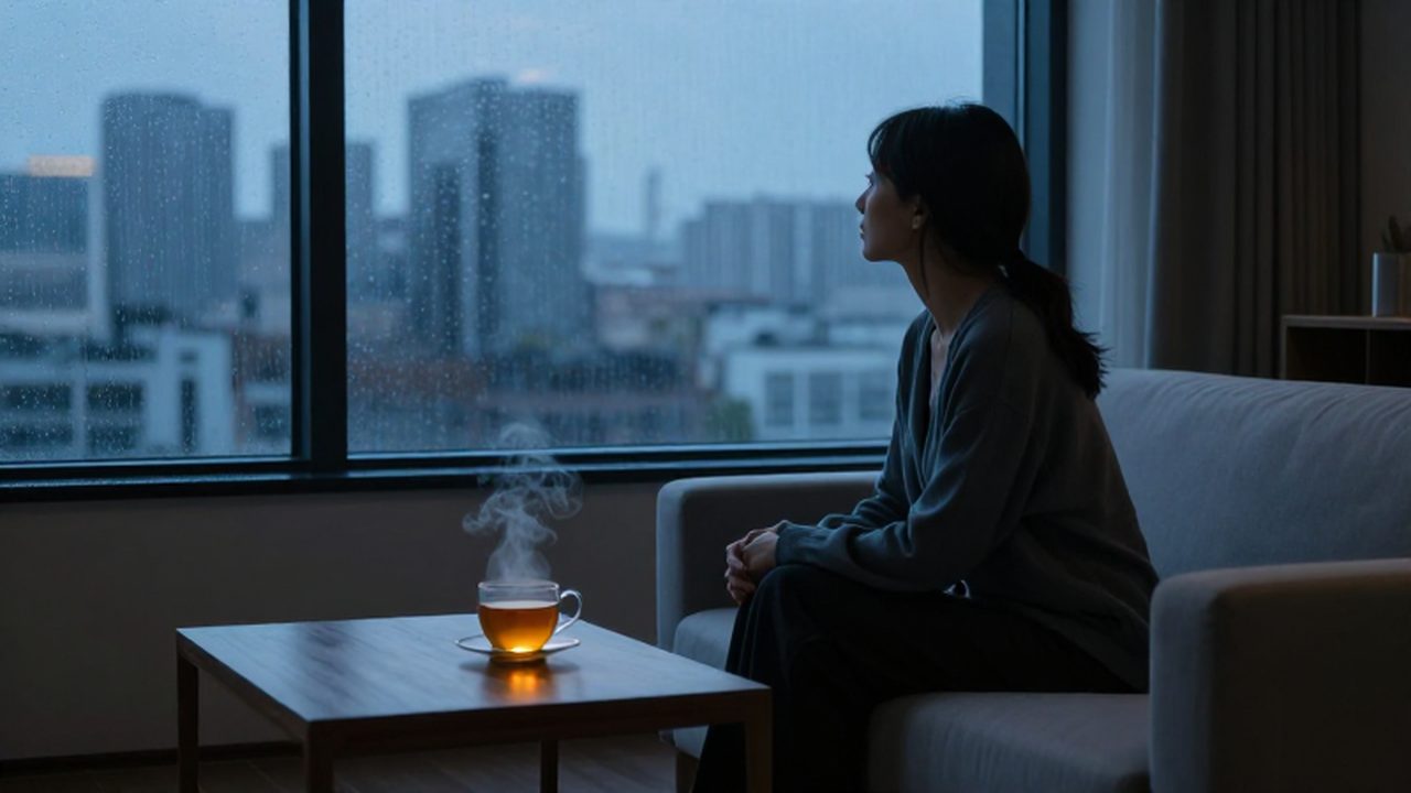 Mujer contemplativa sentada junto a una ventana con lluvia frente a una ciudad al atardecer.