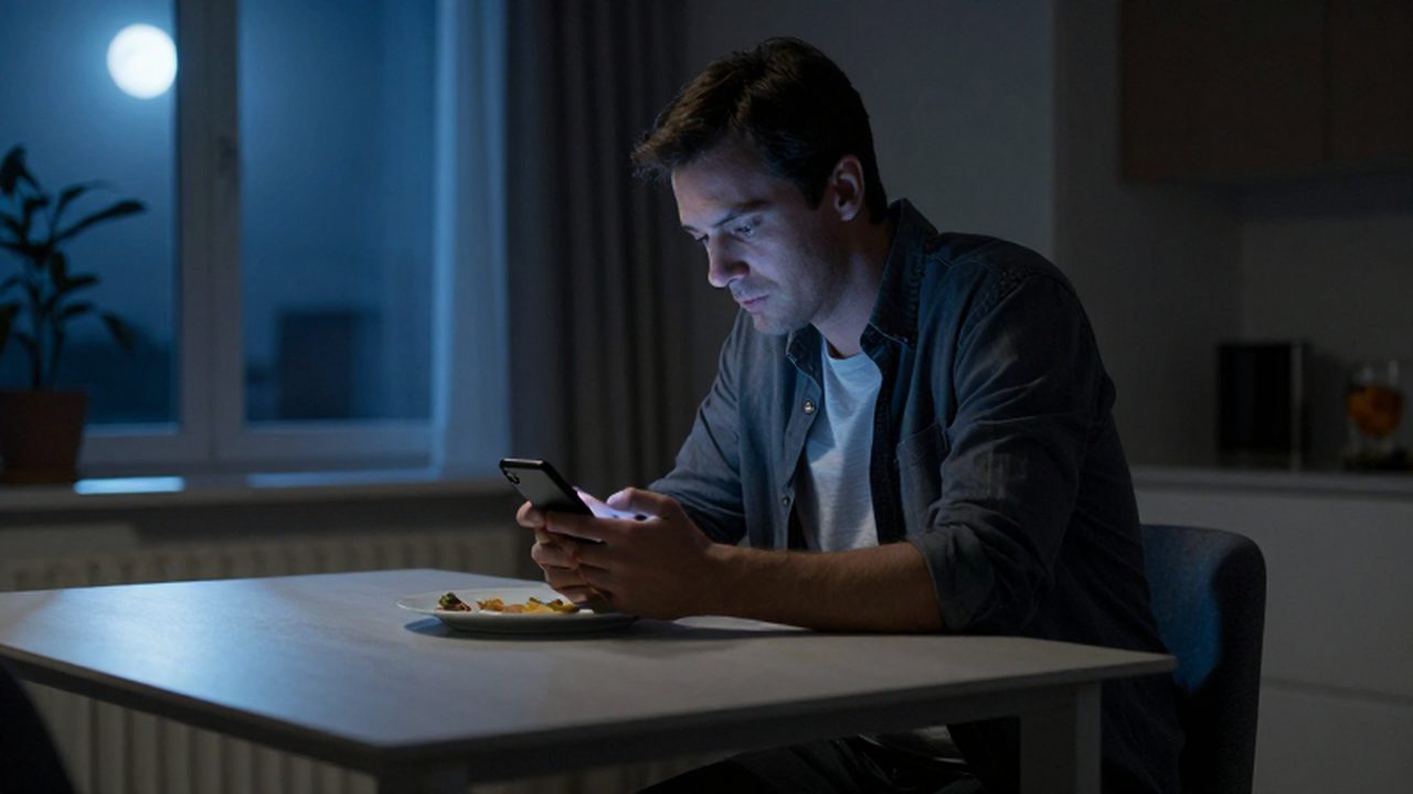 Hombre solitario frente a un plato de comida mirando melancólicamente su teléfono en la penumbra.