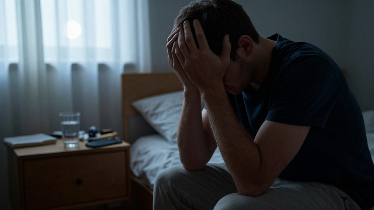 Hombre sentado al borde de la cama con la cabeza entre las manos en un dormitorio oscuro.