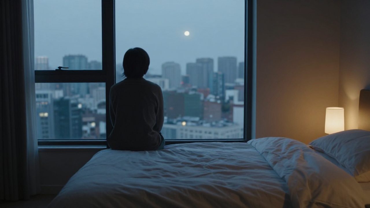 Persona solitaria sentada al borde de una cama deshecha frente a un ventanal con vistas a la ciudad al atardecer.