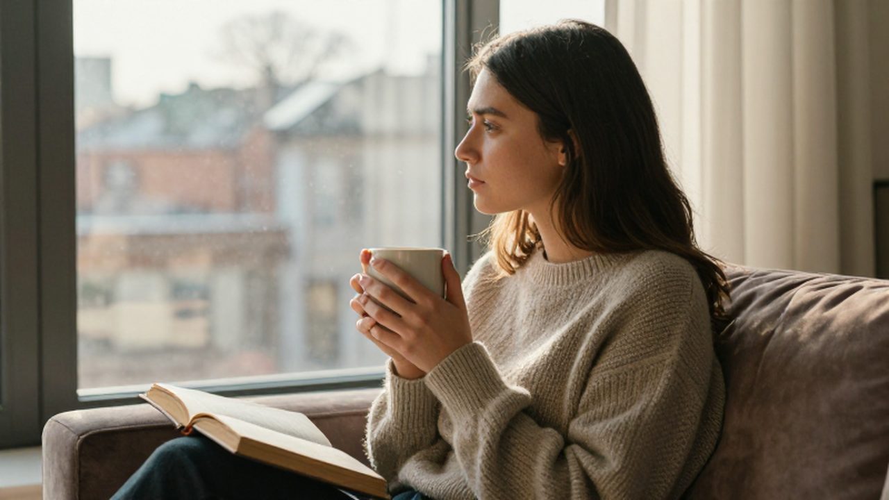 Mujer joven sentada en un sofá de terciopelo mirando pensativa por la ventana con una taza de café.