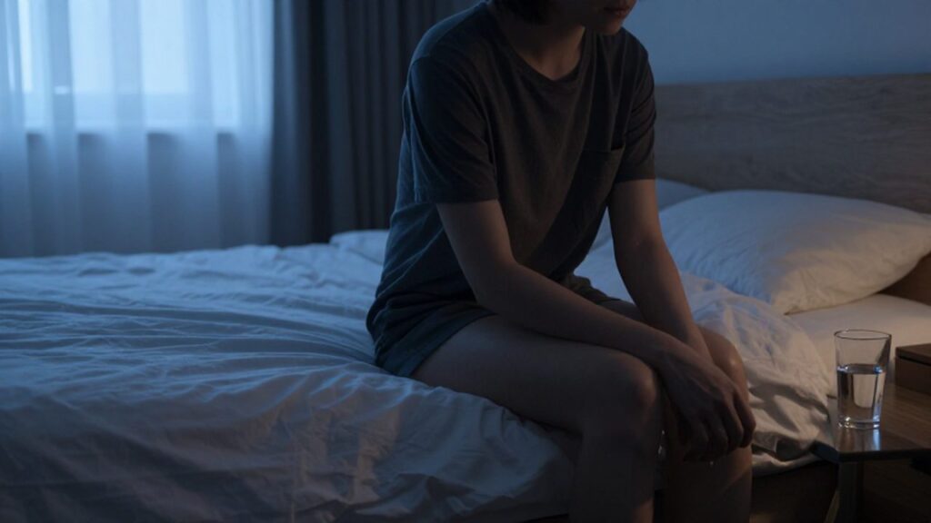 Persona solitaria sentada al borde de una cama deshecha en una habitación en penumbra.